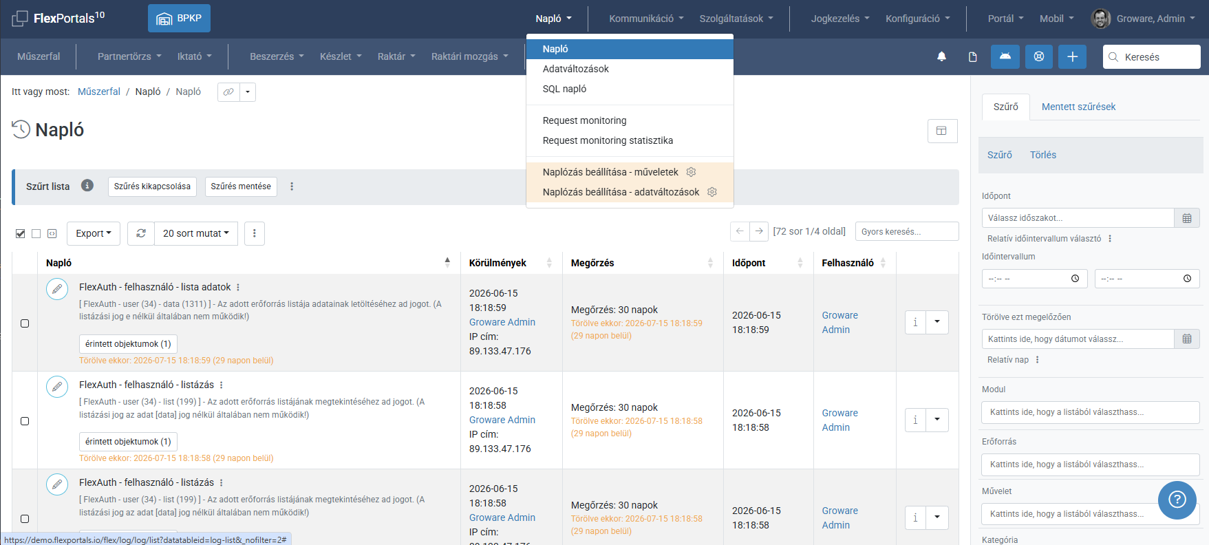 FlexLog log - list screenshot